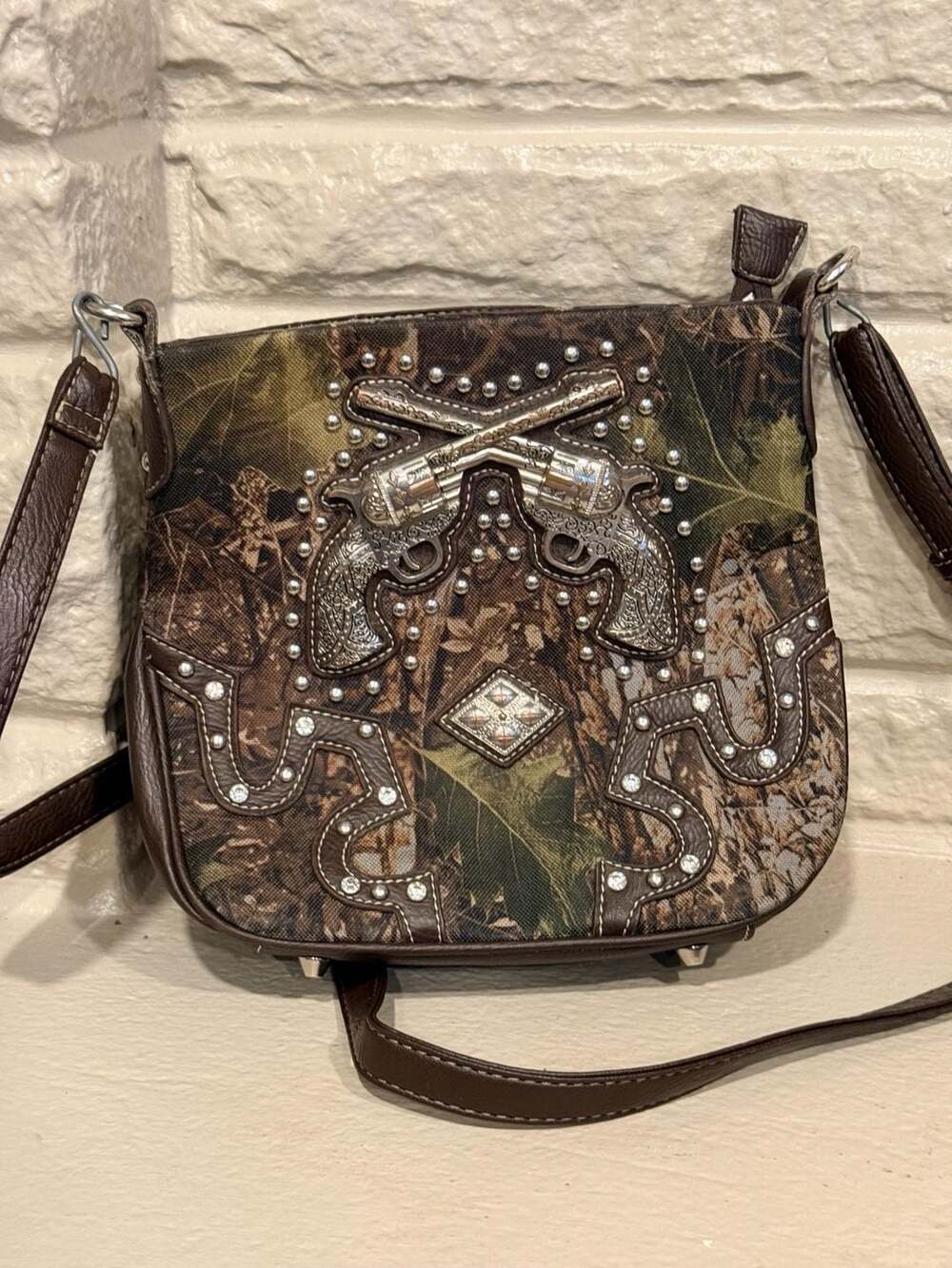 Western Camo Crossbody Bag with Rhinestone Pistols